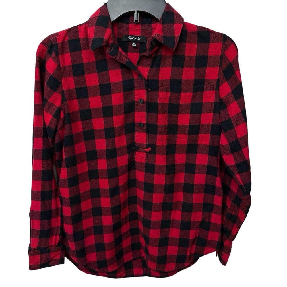 Madewell Flannel Popover Shirt Buffalo Check XS Red‎ Black Plaid Style AF639